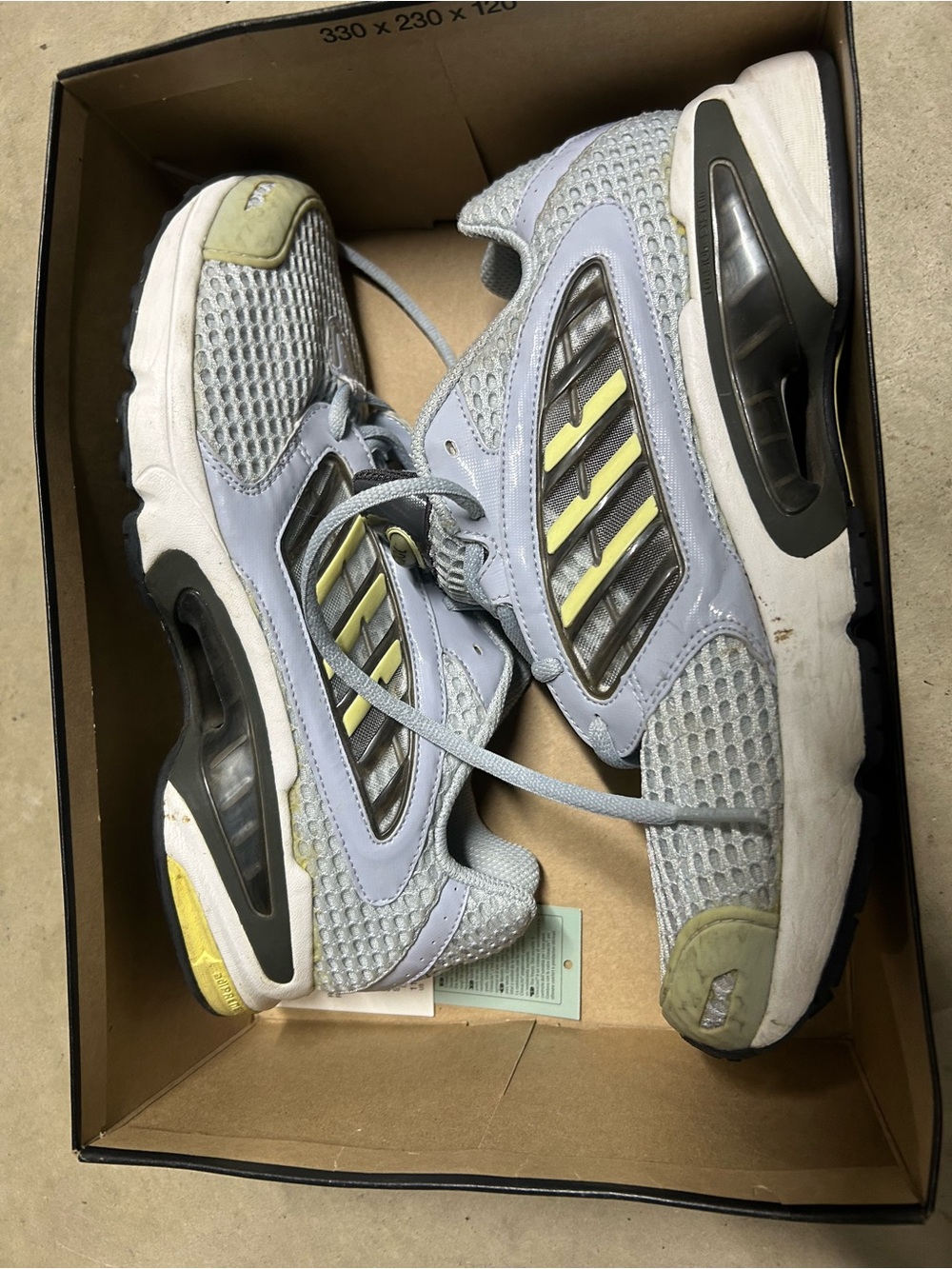 Color: light gray/light blue w/yellow trim. Clima-Control tennis shoes.